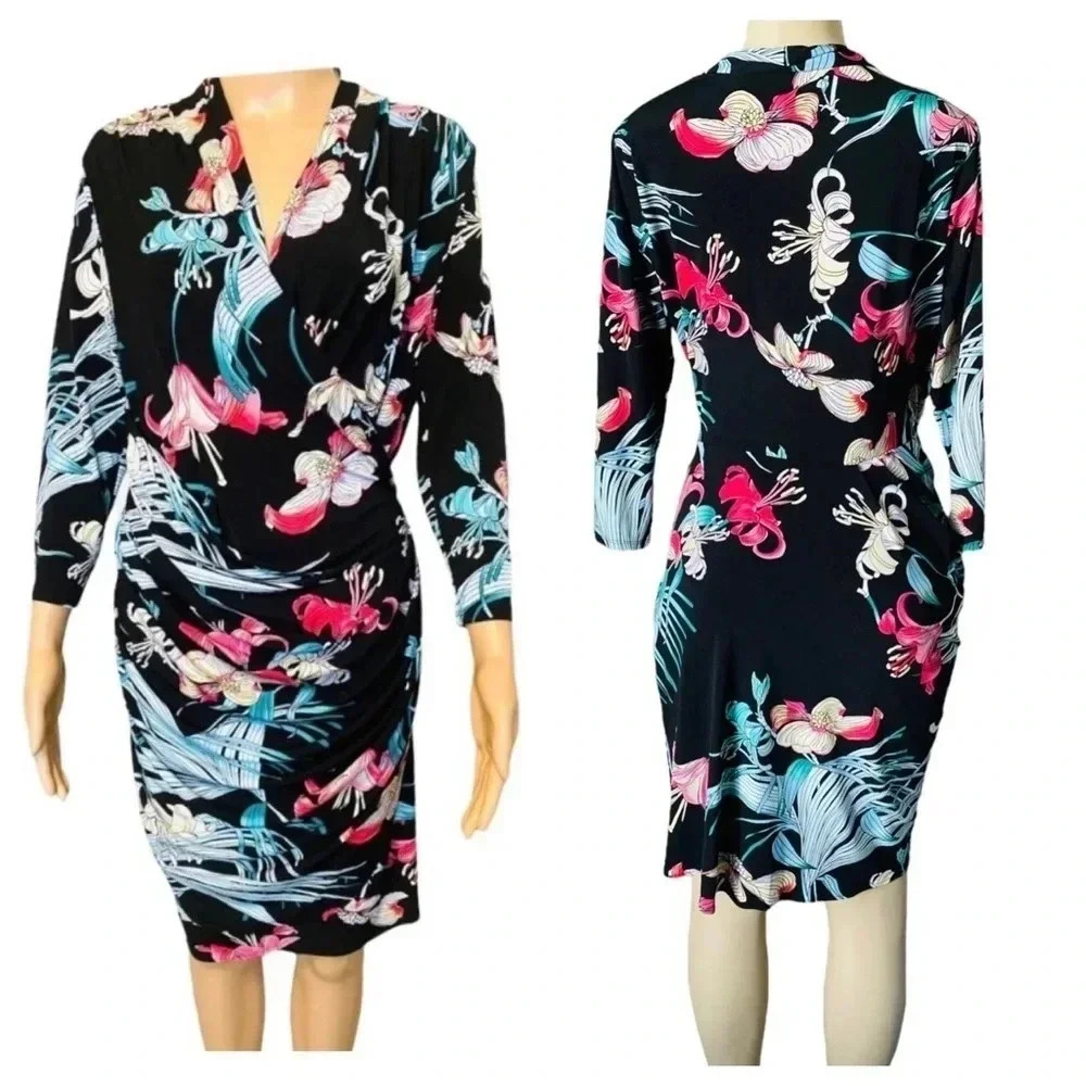 JENNIFER LOPEZ | Black Colorful Floral Faux-Wrap Dress Size L